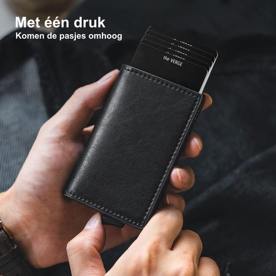 The Verge® Slim Pro - Pasjeshouder Uitschuifbaar - Kaarthouder - Pasjeshouder Mannen & Vrouwen - RFID Creditcardhouder - Pashouder - 9 pasjes - Zwart Leer - Cadeau Man & Vrouw