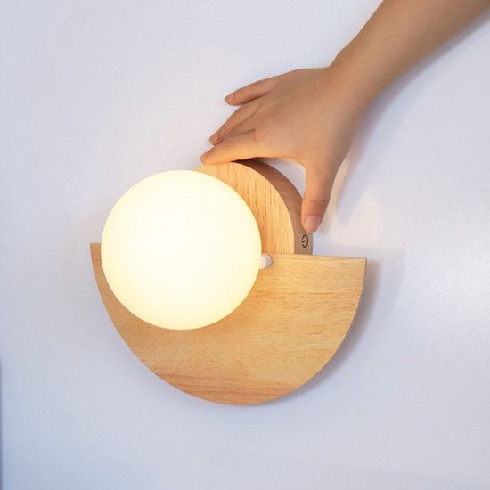 Tavellio – Wandlicht Kane – Handgemaakt – 100% Hout – Dimbaar, Draadloos & USB – Touch schakelaar – 2700K – Oplaadbare wandlamp – Wandlamp op Accu en Batterij – Trapverlichting – Smartlamp – Nachtlampje – Wandlamp Binnen – L25 & H18CM