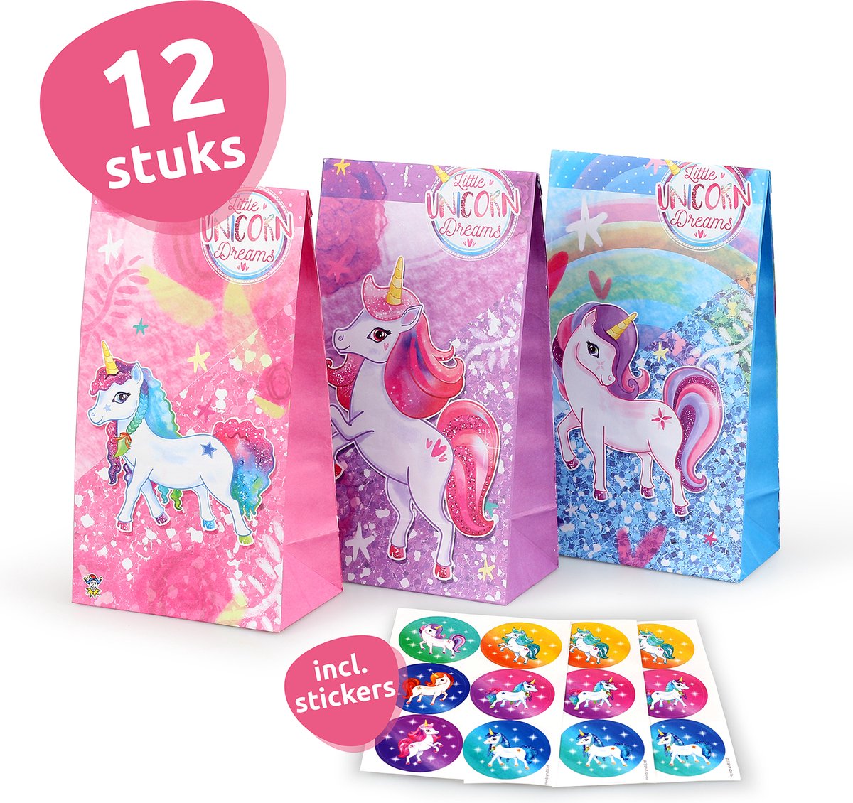 Isa's Friends® Uitdeelzakjes + Stickers - Unicorns - 12 stuks - Stevig Papier - Traktatie zakjes