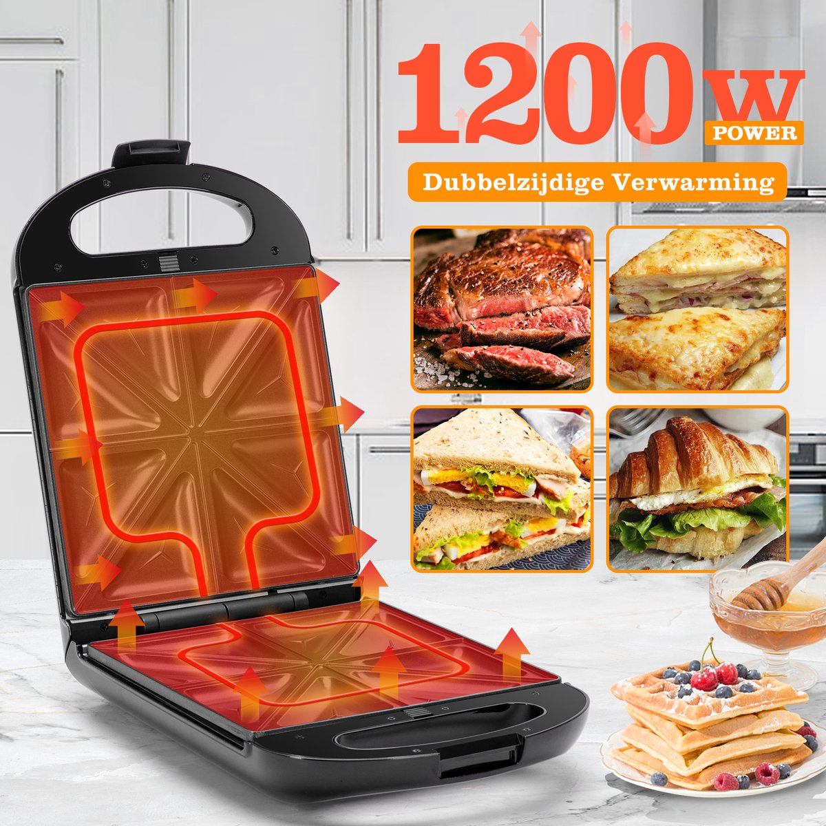 Poêle à Sandwich Double Face Antiadhésive - Pour Grillades Rapides, Toasts, œufs - Compatible Gaz Et Induction - 14