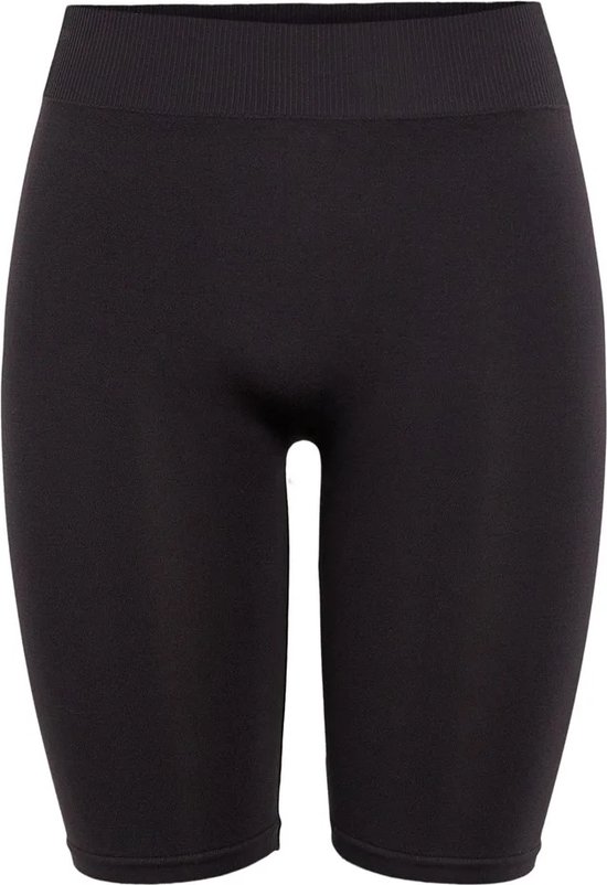 Zwarte biker short tot halverwege het bovenbeen, met een geribbelde hoge tailleband.