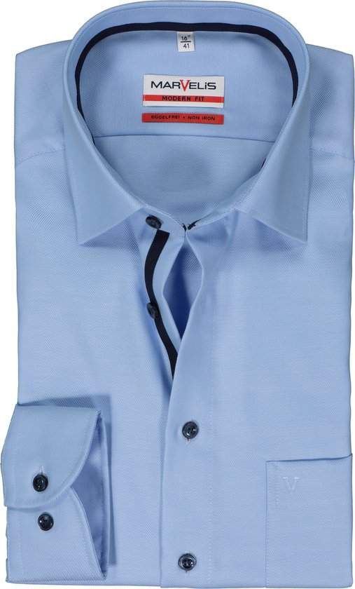 MARVELIS modern fit overhemd - twill - lichtblauw - Strijkvrij - Boordmaat: 39