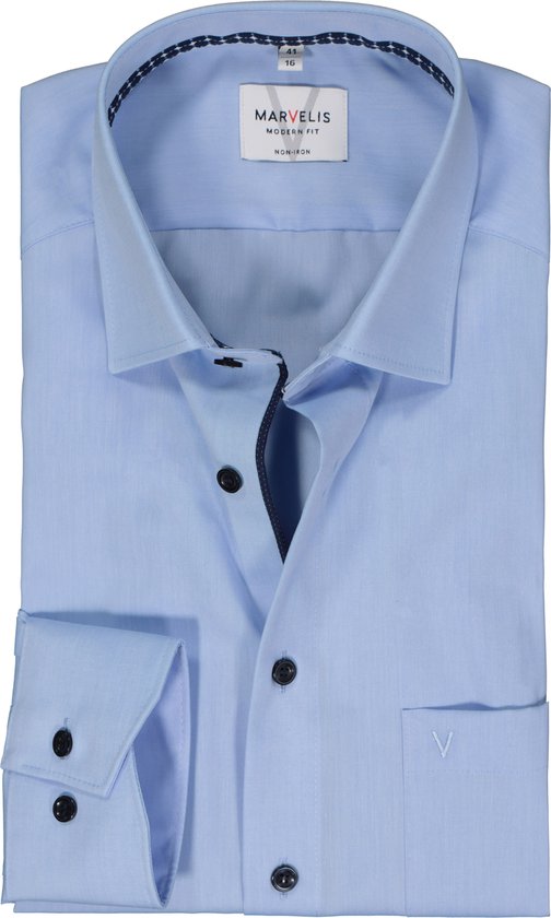 MARVELIS modern fit overhemd - popeline - lichtblauw - Strijkvrij - Boordmaat: 39