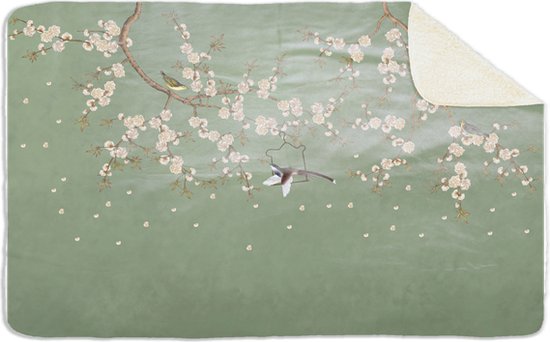Fleecedeken Vogel met bloemen, 96x146cm, Polyester Sherpa, deken met print