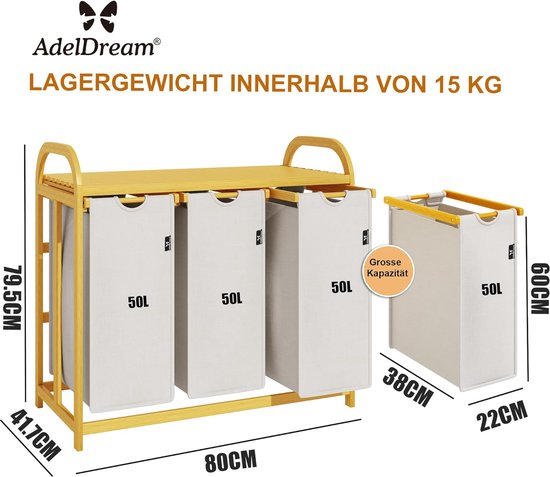 Lifewit Wasmand 4 secties, 168L Uittrekbare wasmand organizer met grote bovenste plank en 4 verwijderbare zakken en handvatten, Was sorteerder voor wasruimte, slaapkamer, badkamer, slaapzaal, zwart