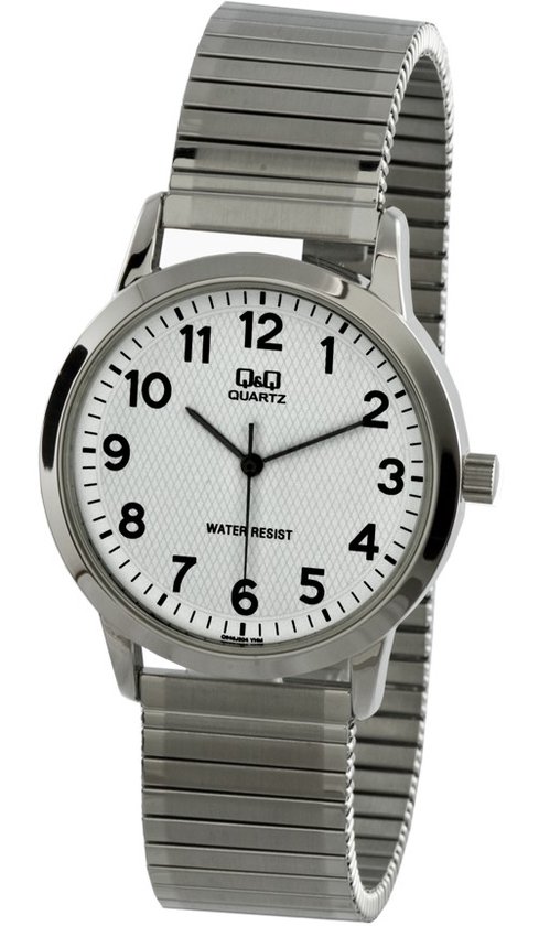Q&Q Q946J804 - Horloge - Analoog - Heren - Mannen - Rekbare stalen band - Rond - Metaal - Cijfers - Zilverkleurig - Wit