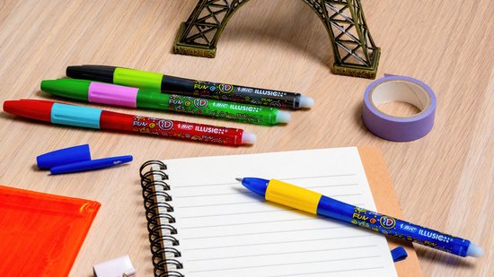 Stylo bille effaçable et rechargeable et recharges BIC Illusion - Encre noire - pack de 1 stylo et 2 recharges - Pointe Medium 0 mm