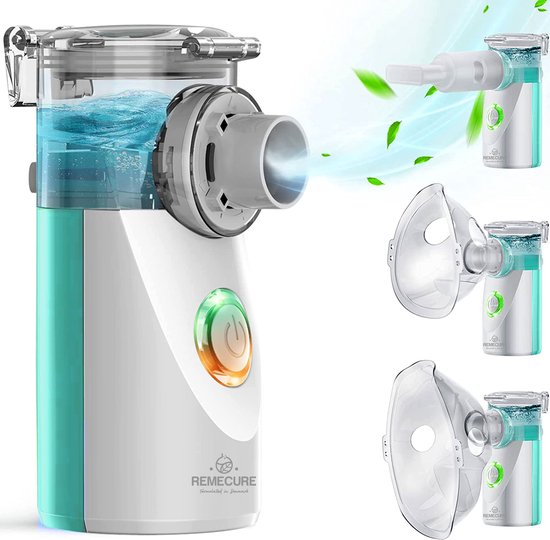 Remecure® Aerosoltoestel - Ultrasone Vernevelaar Inhalator – Inhalatieapparaat voor Kinderen, Volwassenen en Baby’s – Voor Luchtwegaandoeningen - Oplaadbaar - Incl. Maskers en reistas