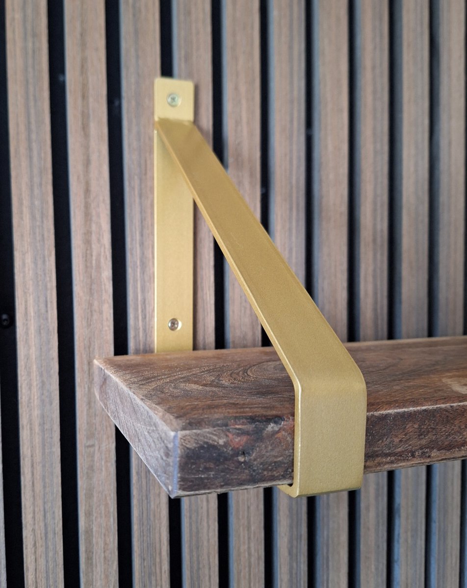 Hoexs - 1 stuk - Plankdrager Industrieel - Goud - Voor Plank 20cm - Inclusief pluggen en schroeven - Metaal - Industriële Wandplank - Staal