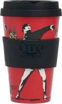Quy Cup Tasse de voyage écologique de 400 ml - Le graffiti original de Banksy "Le lanceur de fleurs" Sans BPA - Fabriqué à partir de Bouteilles en PET recyclées avec couvercle en silicone noir - mug de voyage