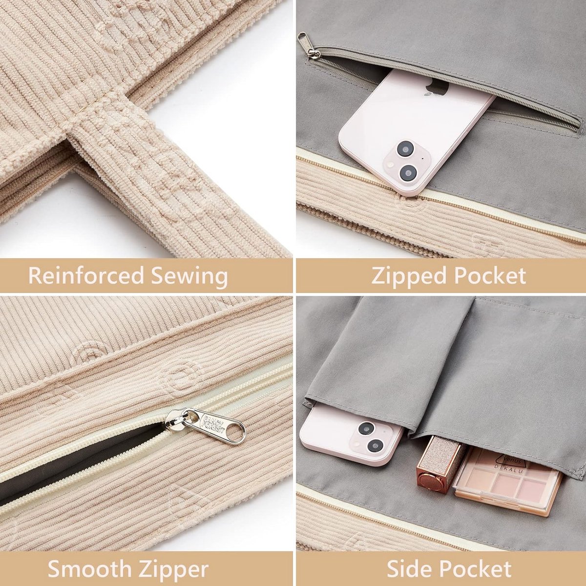 Prite Corduroy draagtas met ritssluiting voor dames, grote schoudertassen met verstelbare schouderriem en zakken, waterdichte handtas voor werk, school, winkelen, reizen, college enz., Bruin