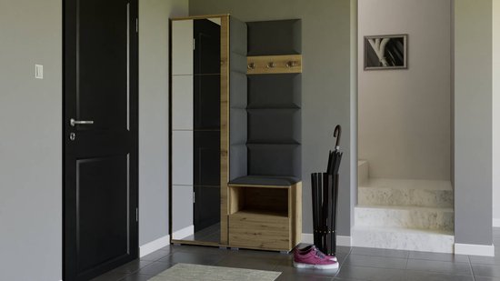 Halkast met spiegel - Schoenenkast - Hanger - Planken - 3 in 1 - Kleur Artisan Oak + gestoffeerde panelen - Materiaal fluweel