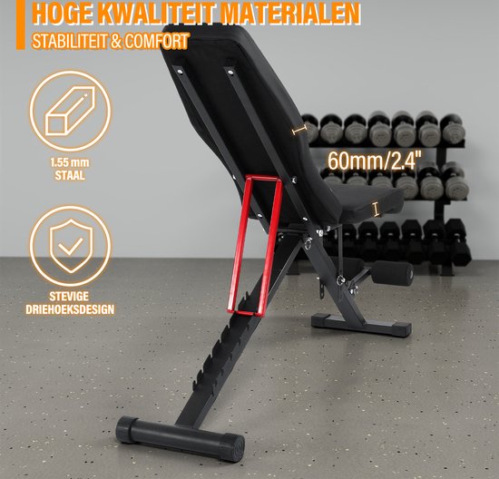 Zwarte halterbank met rode steunen. Beschikt over 1.55 mm staal en een stevig driepootontwerp.