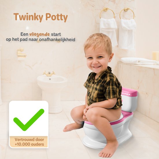 Een lachende jongen zit op een roze en wit Twinky plaspotje in een badkamer. Tekst: "Twinky Potty. Een vliegende start op het pad naar onafhankelijkheid."