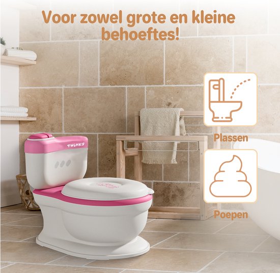 Roze en wit Twinky plaspotje in een badkamer. Toont illustraties van plassen en poepen. Tekst: "Voor zowel grote en kleine behoeften!"