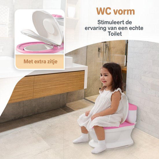 Een jong meisje zit op een roze en wit Twinky plaspotje in een badkamer. Tekst: "WC vorm. Stimuleert de ervaring van een echte toilet."