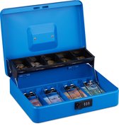 Caisse à compartiments Relaxdays - verrouillable - code numérique - coffre-fort - petite caisse enregistreuse - bleu