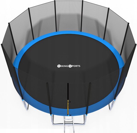 Ronde blauwe trampoline met zwart springdoek, veiligheidsnet en ladder.