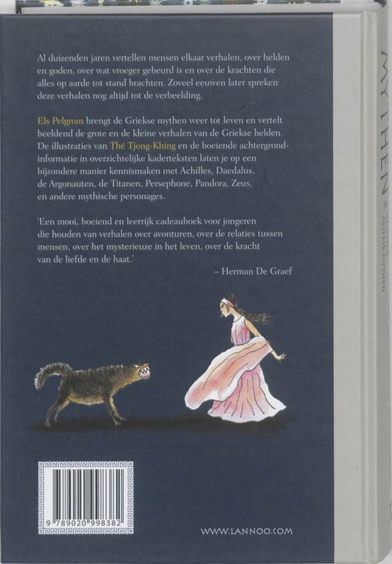 Arrière du livre : Femme en robe rose regarde un loup. Texte sur les mythes grecs et illustrations. ISBN et logo Lannoo.