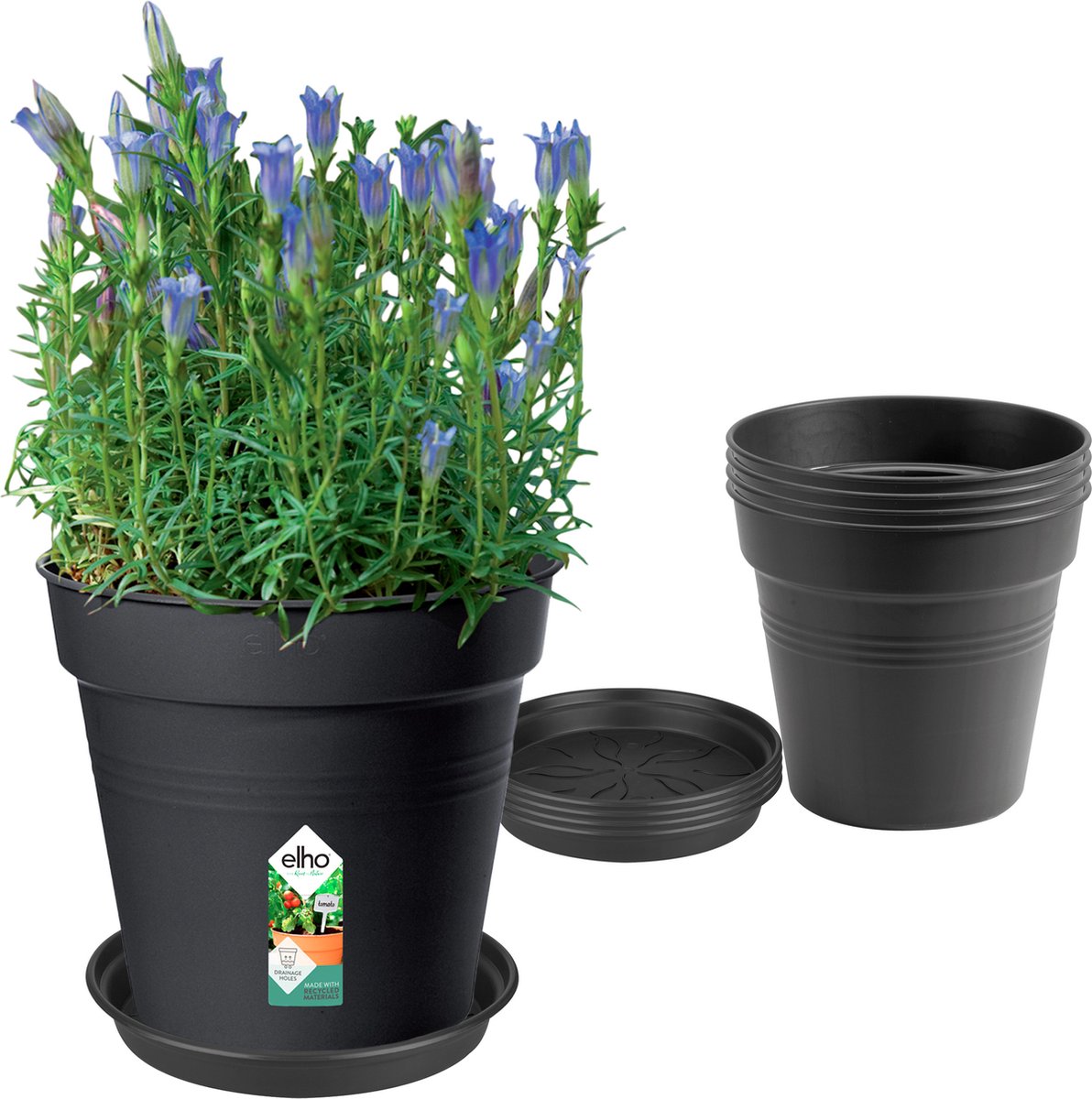 Elho Green Basics Kweekpotten set Met onderschotels 100% Gerecycled Plastic Set van 5 Ø 17 x H 15.8 cm Living Black