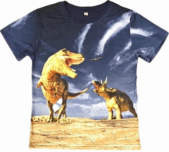 T-shirt met dino's, blauw, full colour print, kids, kinder, maat 146/152, dinosaurus, stoer, mooie kwaliteit!
