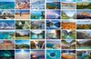 Collage van 36 ansichtkaarten met natuurlandschappen, waaronder watervallen, bergen, woestijnen en koraalriffen.