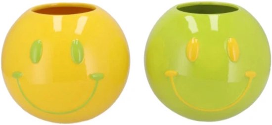 Smiley face pot yellow/green 11x11x9cm - set van 2