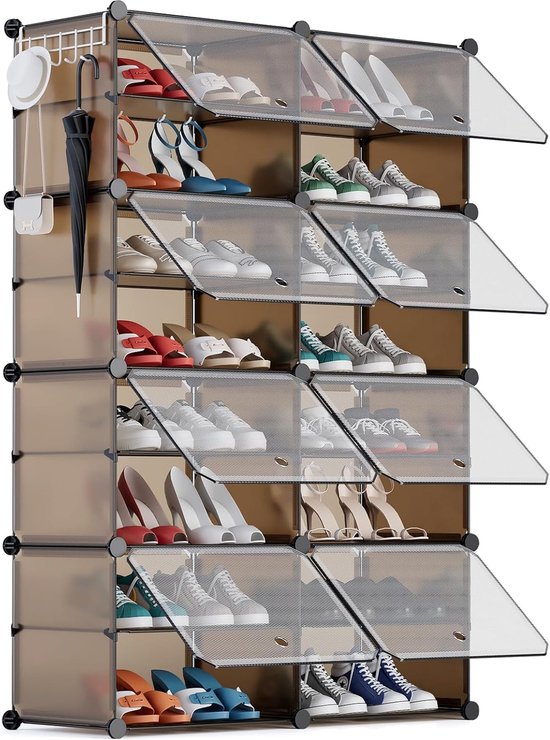 Schoenenrek voor 32 paar schoenen Schoenenkast met 2 x 8 lagen, slanke, stofdichte kunststof schoenenrekken voor gang, slaapkamer, entree, met deuren 30 x 40 x 30 cm per vak, bruin