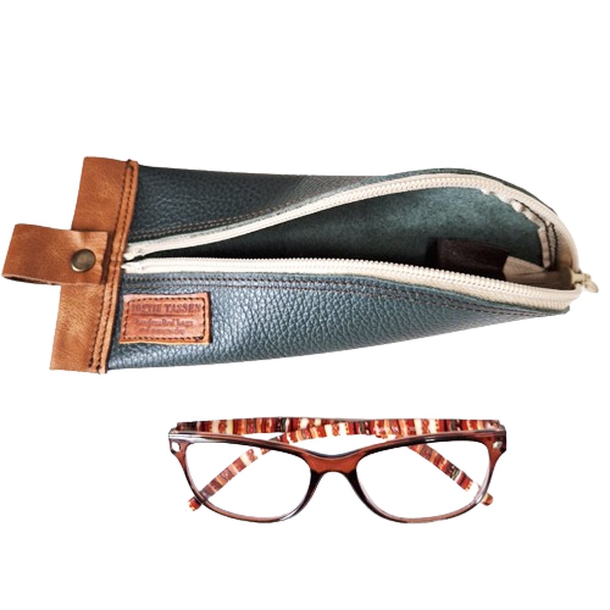 Toetie & Zo - Brillenkoker Etui - Leer - Groen - Makeuptasje - Pennenetui - Handgemaakt - 10bx23lx7h