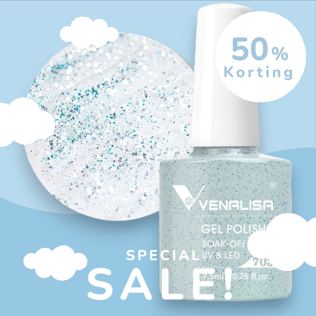 Goedkoopste Venalisa - 703 - Blue Sparkle - Luxe Glitter Gellak - Gel Nagellak - Blauw met Glitters - Baby Blue Gellak - !! Limited Edition !!