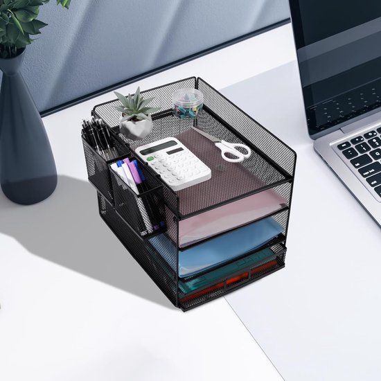 Organisateur De Bureau 6 Niveaux Avec Tiroir - Porte-documents A4 Vertical - Noir - Idéal Pour Classement Courrier, Fichiers