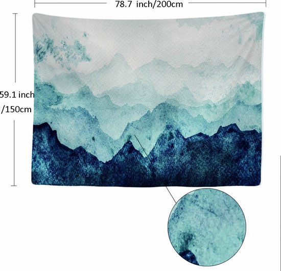 Tenture murale avec paysage de montagne aquarelle dans des tons de bleu et blanc, 200x150 cm.