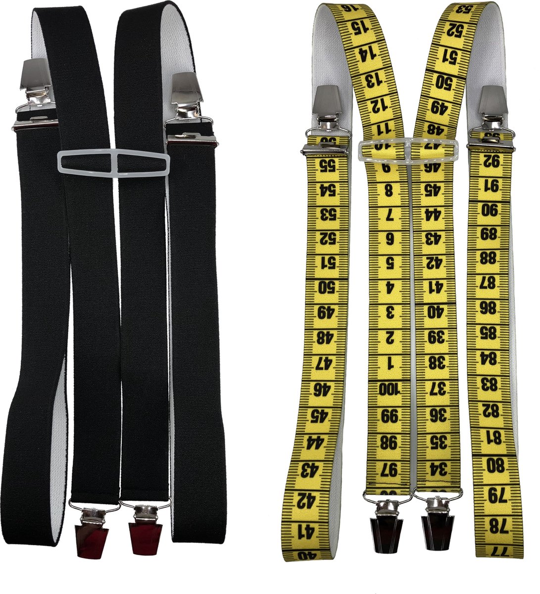 Duopack 4-punts Bretels Zwart/Meetlat gestreept met brede extra sterke stevige Clips