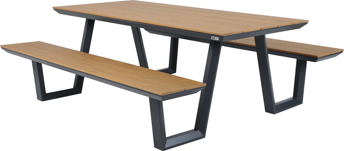 AXI Nori Picknicktafel met 2 banken Antraciet met Teak-look Polywood – Gepoedercoat aluminium frame – Tafel en banken met Polywood tafelblad en zitvlak - 200x190cm thumbnail 2