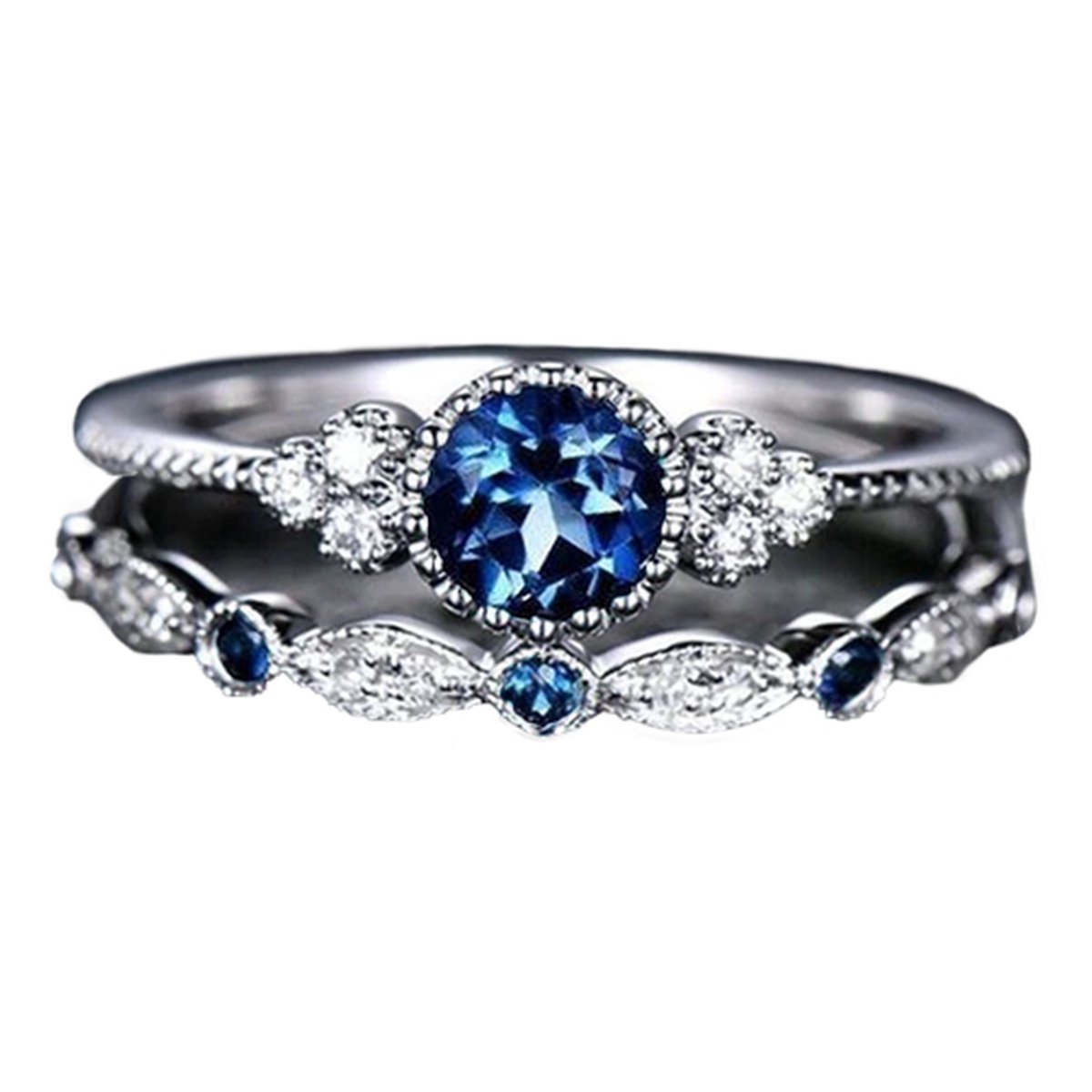 Ring blauwe steen (set) - Met edelsteen - Ring met steen dames - Ring zilver kleurig staal - ring dames ringen set van 2 - Blauw