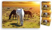 Placemats - 6 stuks 42 x 30 cm bedrukt met Paarden tijdens zonsondergang en 10 bijpassende onderzetters 10 x 10 cm