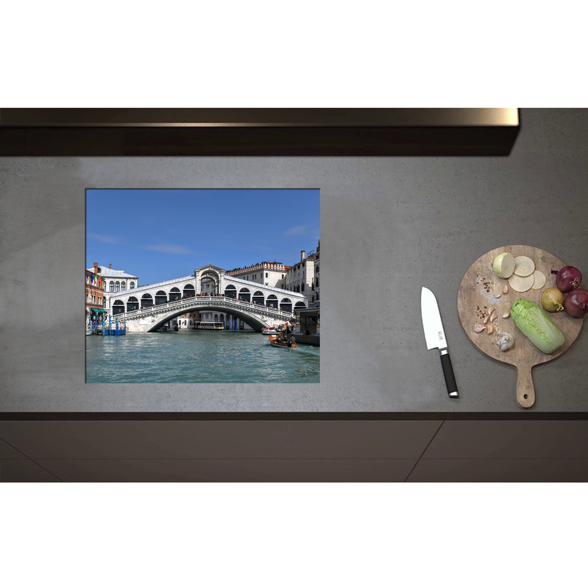 Inductieplaat Beschermer - Blauwe Lucht boven Rialto Brug in Venetië, Italië - 60x50 cm - 2 mm Dik - Inductie Beschermer - Bescherming Inductiekookplaat - Kookplaat Beschermer van Wit Vinyl