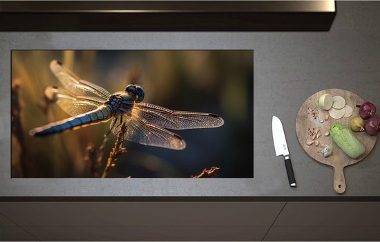 Foto: Inductieplaat beschermer blauwe libel staat op bloem met gedetaileerde doorzichtige vleugels 95x51 cm 2 mm dik inductie beschermer bescherming inductiekookplaat kookplaat beschermer van wit vinyl