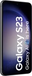 Schuin vooraanzicht van een zwarte Samsung Galaxy S23 met 'Galaxy S23 is here' op het scherm.