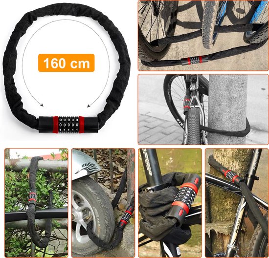 Colorful Sun® Fietsslot met cijferslot - 160 cm - 1 stuk - Kettingslot fiets- Motorslot - Fietssloten electrische fietsen - Fietsslot ketting - Cijfercombinatieslot - Slot met Code - Zwart, Rood van Colorful Sun® — afbeelding 3