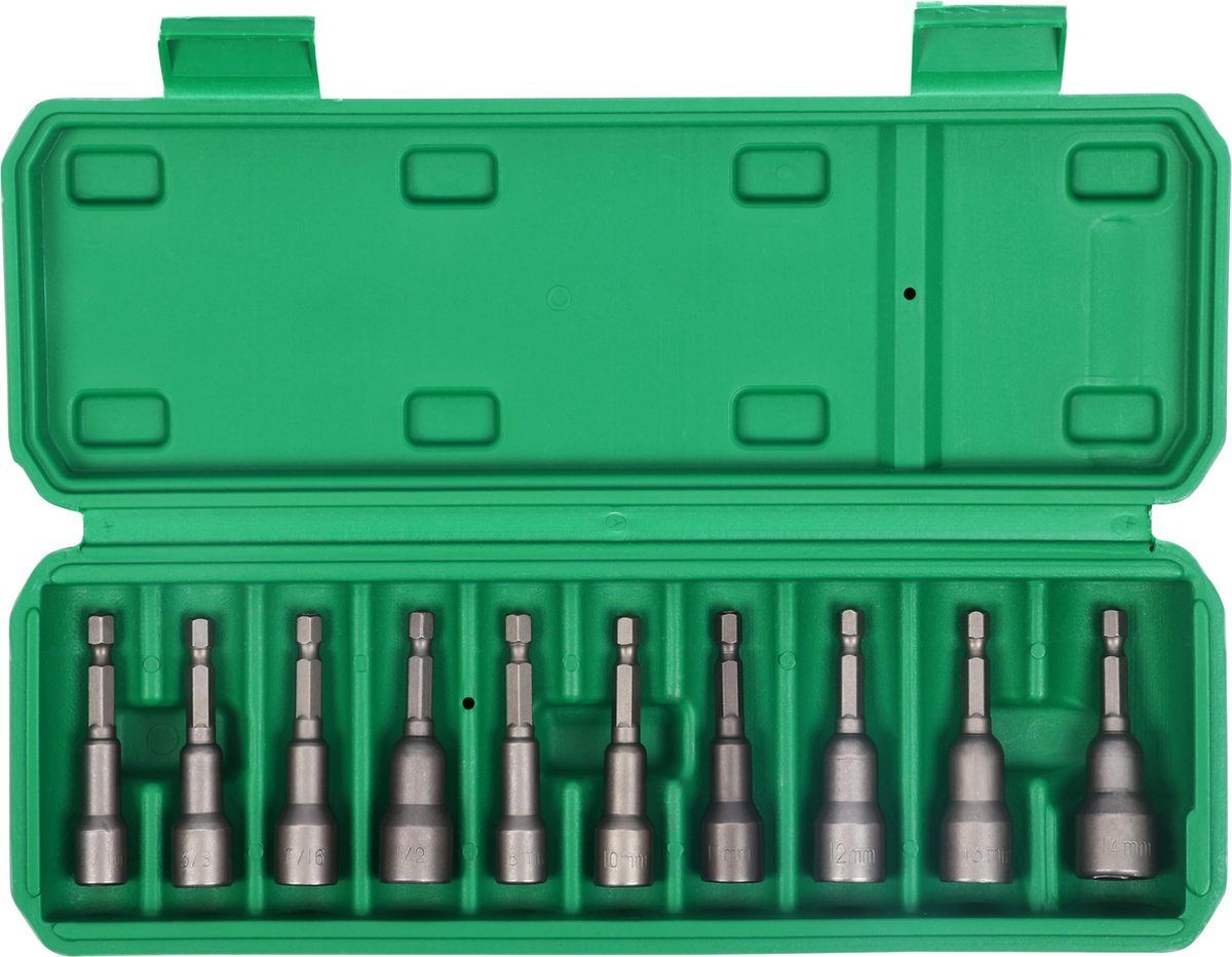 Belle Vous (10-Piece) Magnetic Nut Driver Set - Quick-Change Hex Shank - SAE and Metric Impact Drill Bit Kit - 8-14mm Steel Socket Extensions