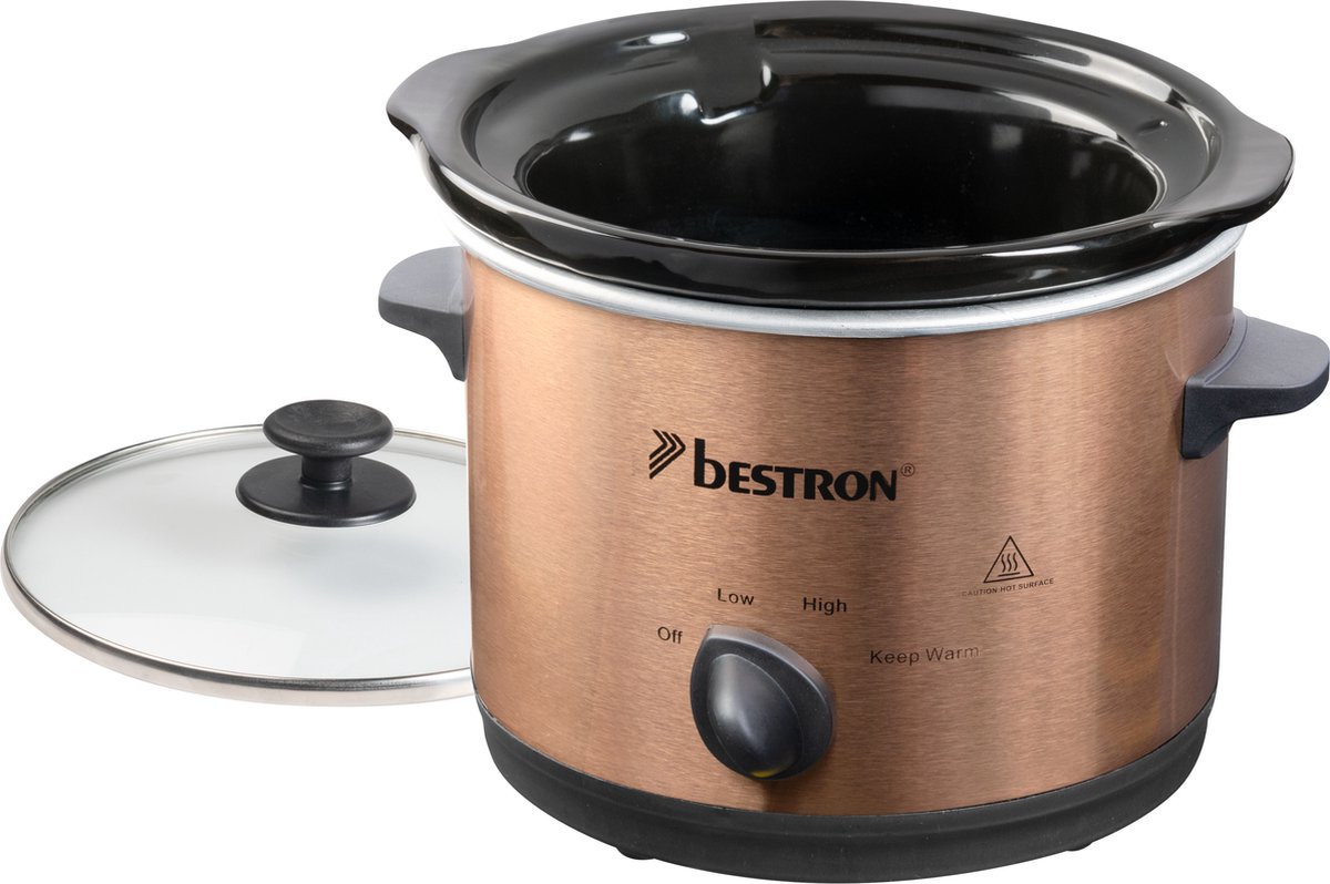 Afbeelding 3 van Bestron Slowcooker, met 3 programma's, keramische pan & glazen deksel, voor 2 Personen, 1.5L capaciteit, vatwasserveilig, 120 Watt, Copper Collection, kleur: Koper