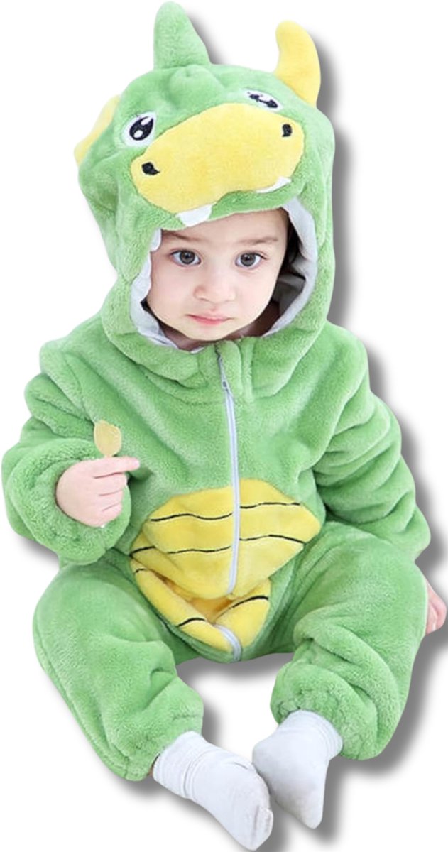 Draak Baby Dieren romper Verkleedpak – Peuter CarnavalKostuum – Onesie Kinderen 6 maanden tot 2 jaar – Flanel – Voor Kerstmis, Sinterklaas Cadeau – Jongen & Meisjes - Jumpsuit – Pyjama of Boxpak – Kruippak – Perfect kraamCadeau – Groen