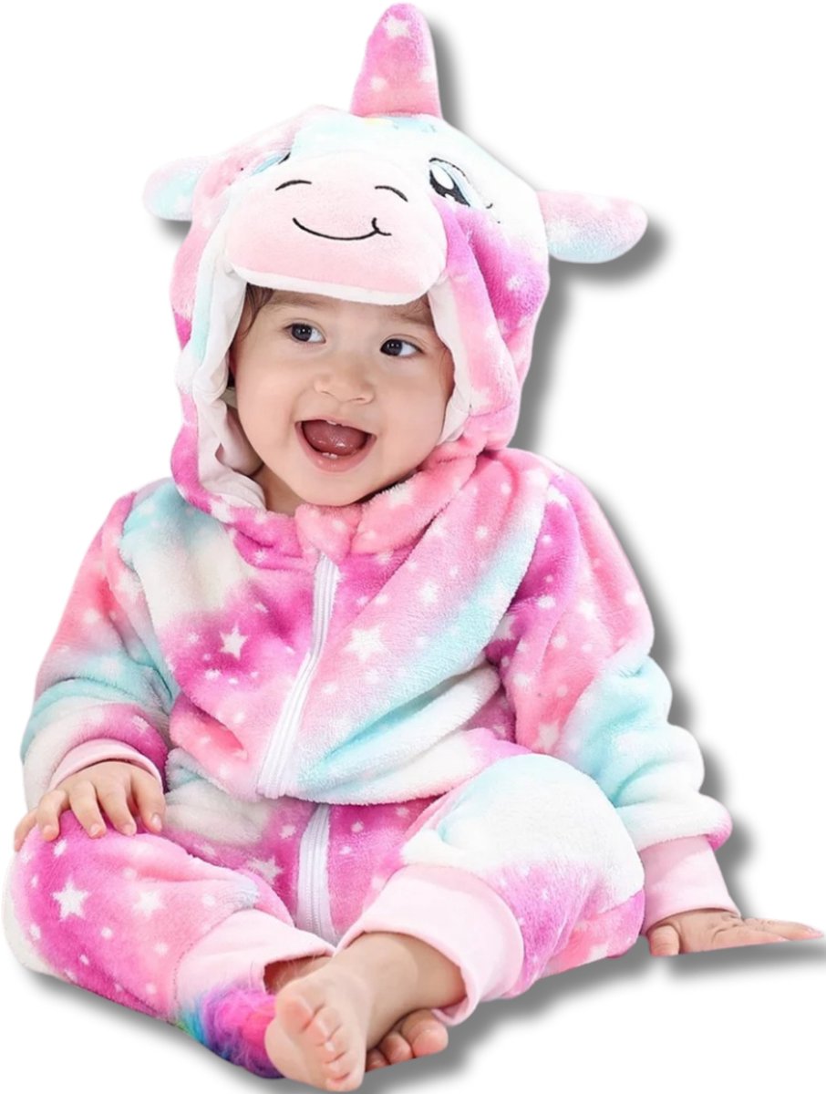 Eenhoorn kleur Baby Dieren romper Verkleedpak – Peuter CarnavalKostuum – Onesie Kinderen 6 maanden tot 2 jaar – Flanel – Voor Kerstmis, Sinterklaas Cadeau – Jongen & Meisjes - Jumpsuit – Pyjama of Boxpak – Kruippak – kraamCadeau – Unicorn