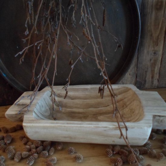 Authentieke houten trog/bak met twee handgrepen, handgemaakt in naturel