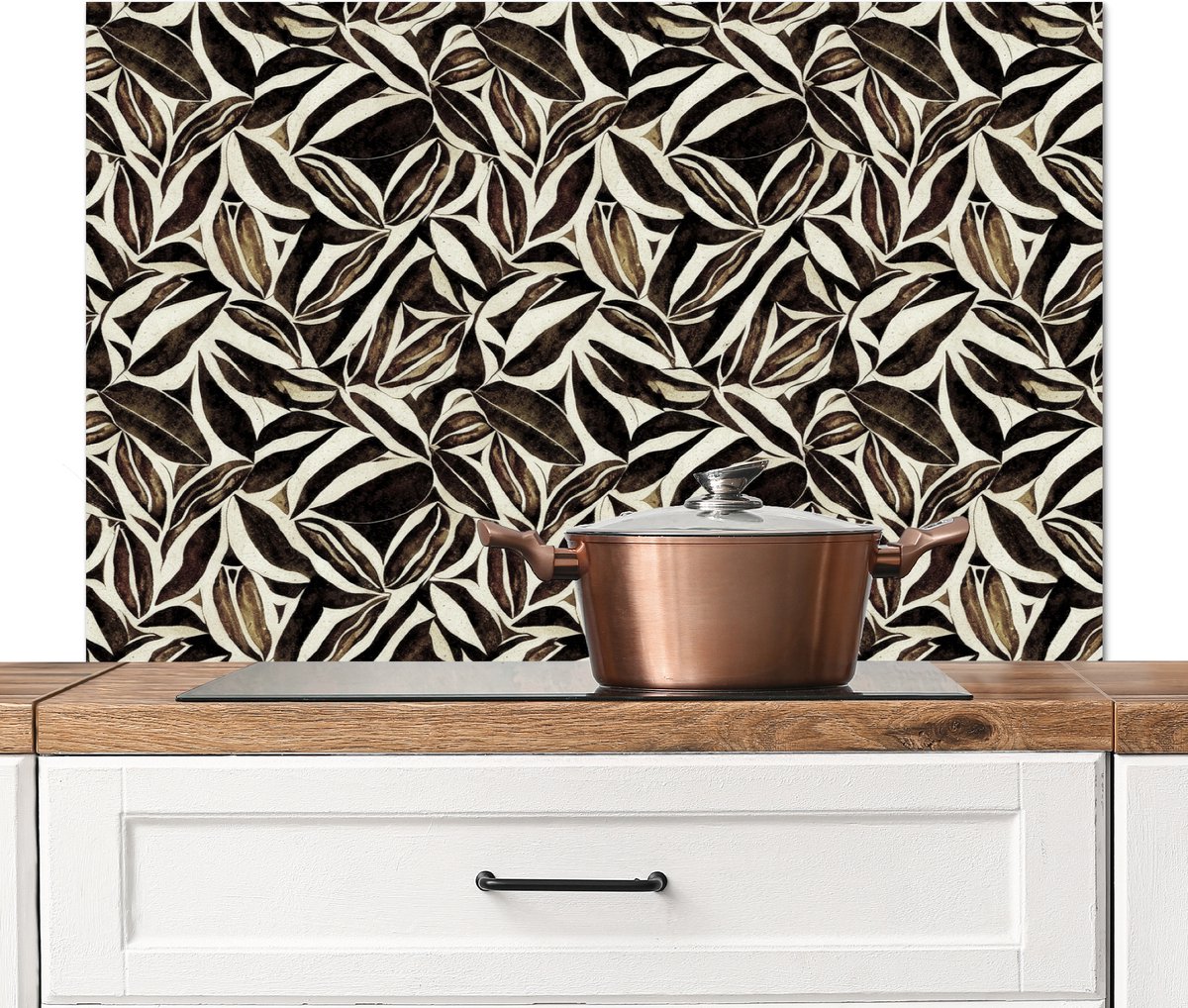 Spatscherm keuken 100x65 cm - Kookplaat achterwand Bruin - Bladeren - Patroon - Abstract - Muurbeschermer - Spatwand fornuis - Hoogwaardig aluminium