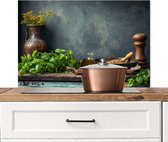 Spatscherm keuken 90x60 cm - Kookplaat achterwand Stilleven - Kruiden - Specerijen - Industrieel - Landelijk - Muurbeschermer - Spatwand fornuis - Hoogwaardig aluminium