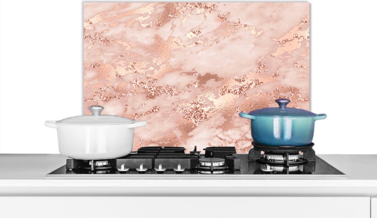 Spatscherm keuken 60x40 cm - Kookplaat achterwand Marmer - Luxe - Roségoud - Roze - Glitter - Marmerlook - Muurbeschermer - Spatwand fornuis - Hoogwaardig aluminium