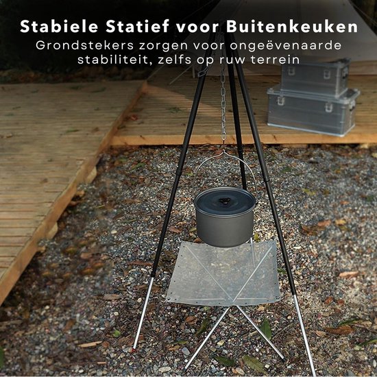 Driepoot Standaard - Stabiel Buiten Koken - 150cm - In Hoogte Verstelbaar - Camping - BBQ Statief - Tripod - Extra Sterk - Grondstekers - Metaal - Kookstatief — afbeelding 2