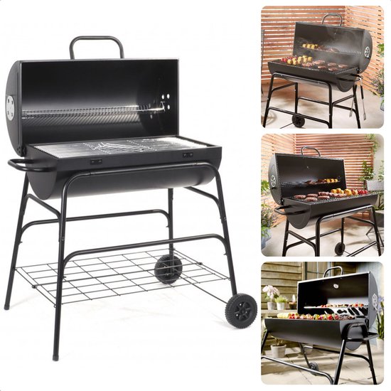 Grote Verrijdbare Cilinder BBQ op Wielen met Verstelbare Ventilatieroosters - Houtskool Barbecue - Houtskoolbarbecue - Cilinder